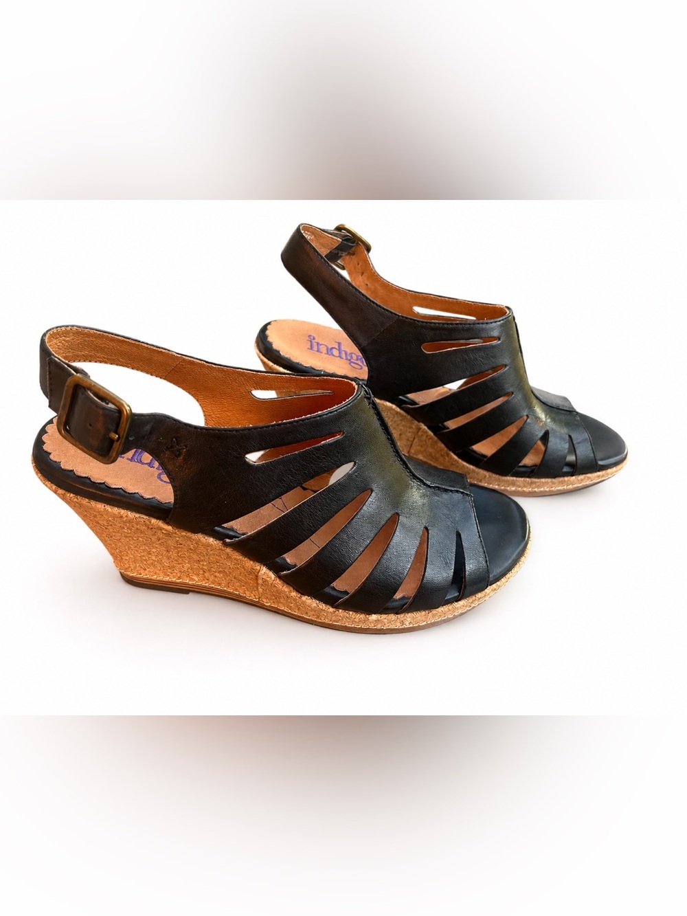 Clark's Indigo Cork Wedge Black Leather Slingback Sandal Women’s Sz 10 Medium